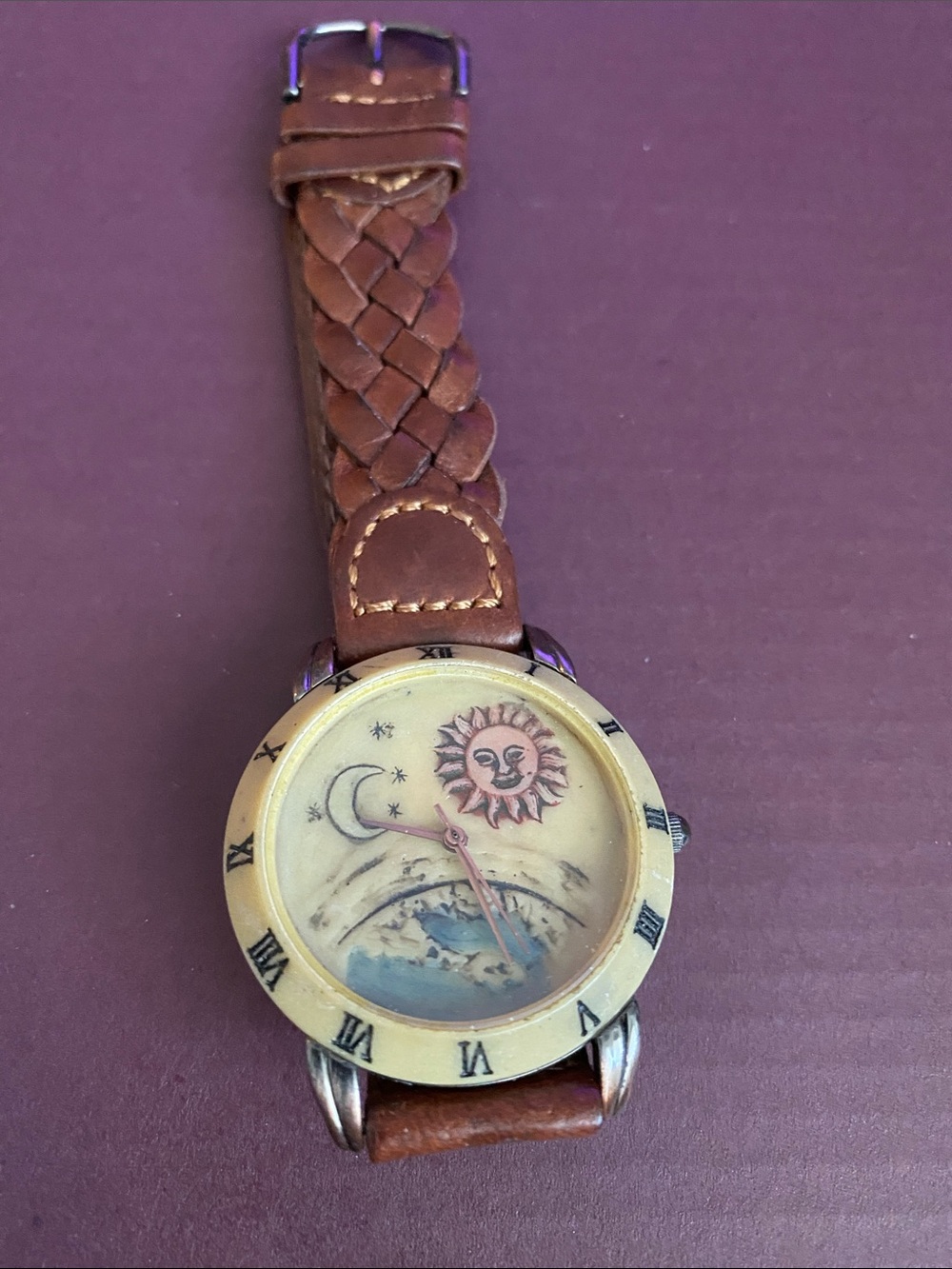 Gitano Brown Braided Leather Sun & Moon Dial Watch
